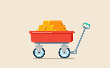 Vector illustration of red wheelbarrow wagon with hand trolley and bar of gold isolated on a light background - obrazy, fototapety, plakaty