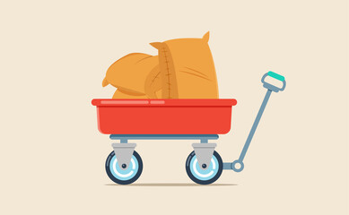 Vector illustration of red wheelbarrow wagon with hand trolley and pile of sacks isolated on a light background - obrazy, fototapety, plakaty