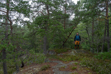 Obraz premium Traveler with backpack hiking in the forest.