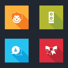 Set Clown head, Stereo speaker, Slice of pizza and Gift bow icon. Vector
