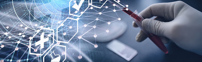 Test tube with patient blood for testing. Analysis for the virus. Coronavirus pandemic laboratory studies. Vaccine development.