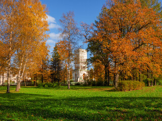Bright sunny Autumn, White Tower Bright sunny autumn landscape, White Tower in Alexander Park, Tsarskoe Selo.
