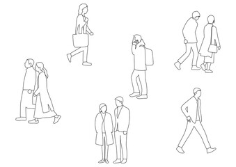 Illustrations of people passing through the city (white background, vector, Line art, cut out)	