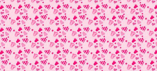 Pink heart shaped gift wrapping paper pattern on Pink background. Cute seamless pattern. Vector illustration