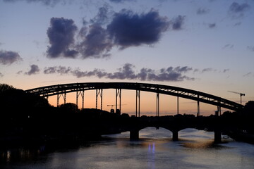 The silhouette of a bridge in Paris, France. Austerlitz and Seine river, the 4th may 2021. 