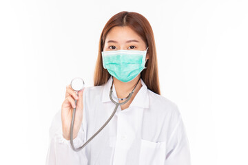 Young Asian female doctor on white background. Casual Asian woman wearing surgical mask, corona virus (Covid-19) prevention. Casual Asian woman wearing doctor gown on white background.