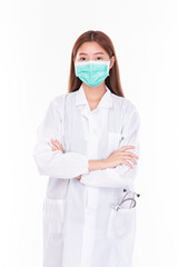 Young Asian female doctor on white background. Casual Asian woman wearing surgical mask, corona virus (Covid-19) prevention. Casual Asian woman wearing doctor gown on white background.