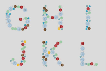 Alphabet from sewing buttons . Letter from buttons. Font from buttons. On a white background. 3D