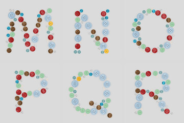Alphabet from sewing buttons . Letter from buttons. Font from buttons. On a white background. 3D