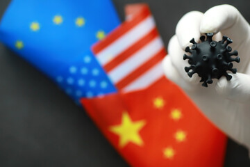 A pandemic of pneumonia worldwide. Virus from animals. Coronovirus molecule model printed on a 3D printer. Fatal disease.