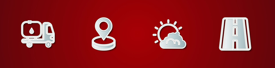 Set Fuel tanker truck, Location, Sun and cloud weather and Airport runway icon. Vector