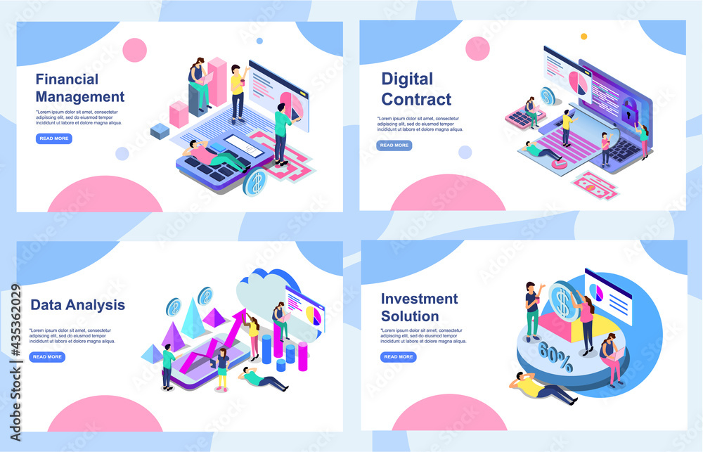 Poster set of landing page design templates for data analysis, digital contract , investment solution and f