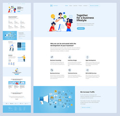 One page website design template. Vector illustration concept for web design and development on the topic of seo, app development, online business solutions.  