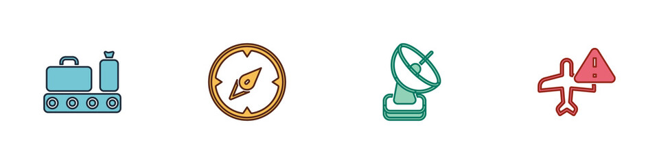 Set Conveyor belt with suitcase, Compass, Radar and Warning aircraft icon. Vector