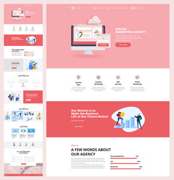 One page website design template. Vector illustration concept for web design and development on the topic of digital marketing and online advertising .  