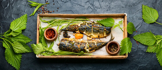 Roasted mackerel with herbs,top view