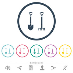 Shovel and rake flat color icons in round outlines