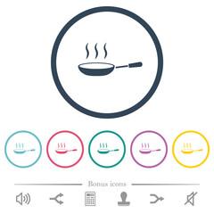 Steaming frying pan flat color icons in round outlines