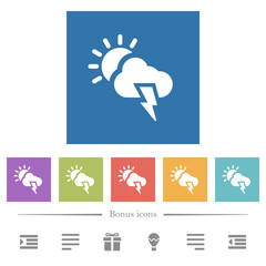 Sunny and stormy weather flat white icons in square backgrounds