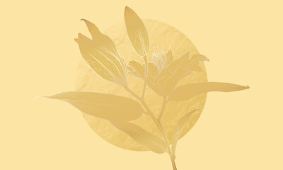 Luxury art deco gold lily flower drawing with yellow silhouette and gold foil circle moon on light yellow. Wallpaper design for print, poster, cover, banner, fabric, invitation, postcard, packaging.
