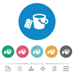 Bucket and sponge flat round icons