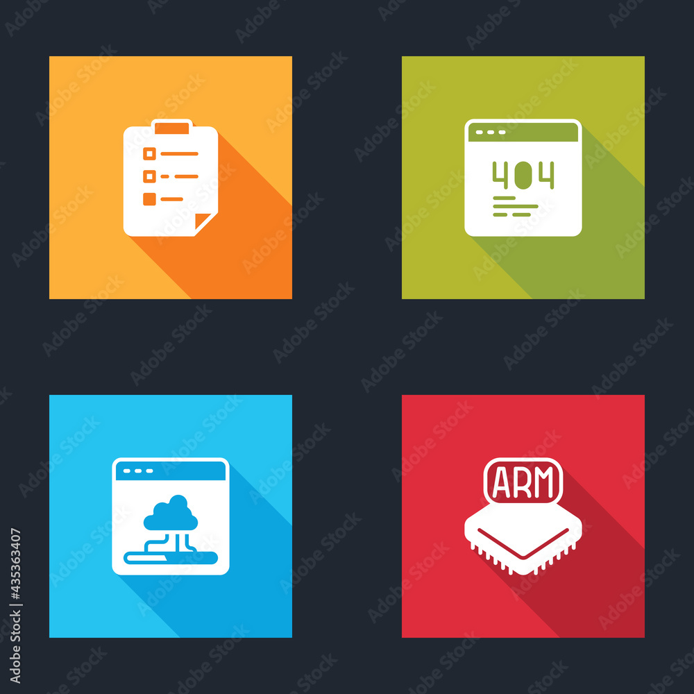 Poster set clipboard with checklist, page 404 error, cloud technology data transfer and processor icon. vec