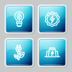 Set line Light bulb with leaf, Lightning bolt, Electric saving plug and Hydroelectric dam icon. Vector