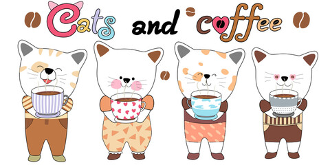 Cats and coffee designed with doodle style in brown tones and can be used for various purposes such as cards, clip art, key chains, stickers, digital printing, kids art, digital paper, diy and more 