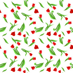 Vector seamless floral pattern with red tulips and leaves on a white background.