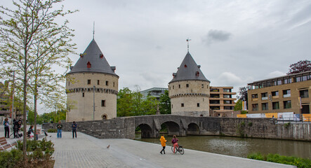 
The medieval Broel Towers (Broeltorens) in Courtrai (Kortrijk) and Broelbridge 
on the river Leie,...
