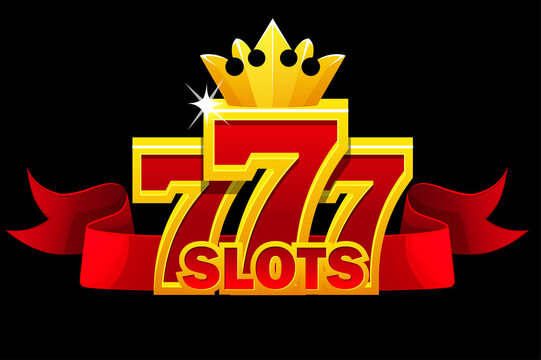 777 slots symbol, jackpot sign with red ribbon and gold crown for ui games.