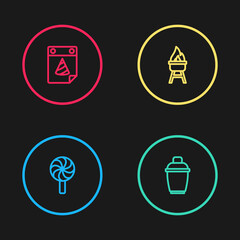 Set line Lollipop, Cocktail shaker, Barbecue grill and Calendar party icon. Vector