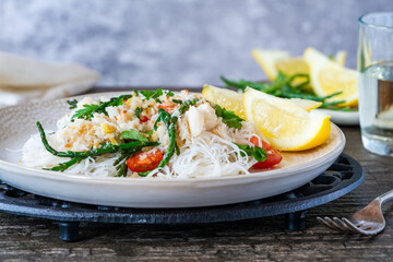 Crab and samphire noodles
