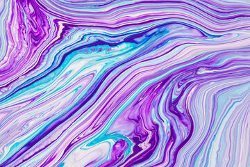 Fluid art texture. Backdrop with abstract swirling paint effect. Liquid acrylic picture with flows and splashes. Mixed paints for posters or wallpapers. Purple, turquoise and blue overflowing colors.