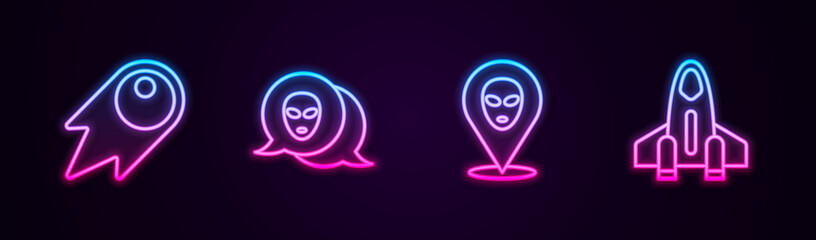 Set line Comet falling down fast, Alien, and Rocket ship. Glowing neon icon. Vector