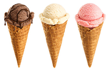 Ice cream scoops in cones with chocolate, vanilla and strawberry isolated on white background.