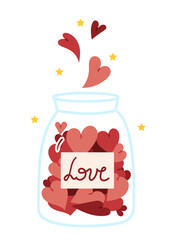 Different hearts fall into a glass jar. Valentine's Day. Sweets in the shape of a heart. The concept of love.