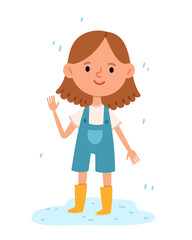 Cheerful girl standing in a puddle in rubber boots. The child likes to harden in the rain. Positive book illustration.