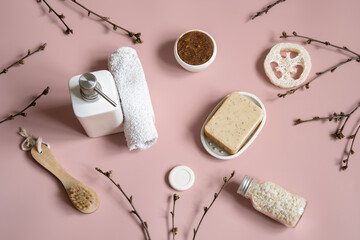 Spa composition with bath accessories for body care flat lay. © puhimec