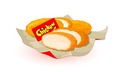 Breaded chicken nuggets served on paper, tasty poultry dish. Vector protein and delicious snack divided in slices, fast food and takeaway food idea. Isolated on white background
