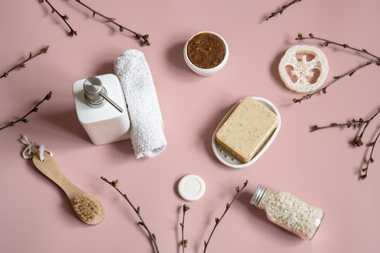 Spa composition with bath accessories for body care flat lay.