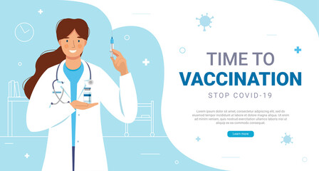 Female doctor holding syringe with  COVID-19 vaccine injection vector icon.Medical consultation.Time to vaccination for immunity health concept.Coronavirus prevention.Global pandemic.Immunization