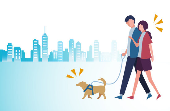 犬と一緒に散歩する男女　都市背景　人物フラットイラスト