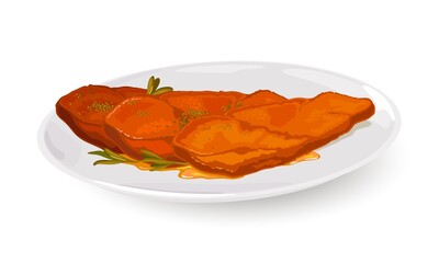 Pork tenderloin slices served on white plate with greenery. Vector nutritious protein meal, healthy eating, restaurant dish, perfect taste idea isolated on white background