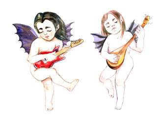 Devil angel with red electric guitar  and other playing on mandolin,  isolated on white hand painted watercolor illustration