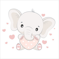 Cute baby elephant with a heart. Cartoon vector illustration.