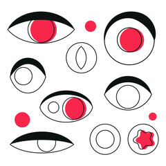 A set of graphic elements, eyes, black, white and red.