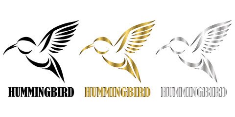 three color black gold silver line art Vector illustration on a white background of flying hummingbirds Suitable for making logo