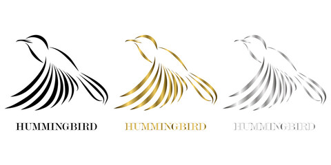 three color black gold silver line art Vector illustration on a white background of flying hummingbirds Suitable for making logos