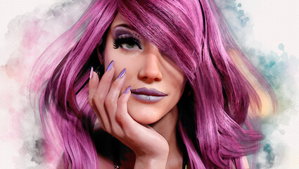 Beautiful woman fashion 3d illustration in the style of watercolor painting